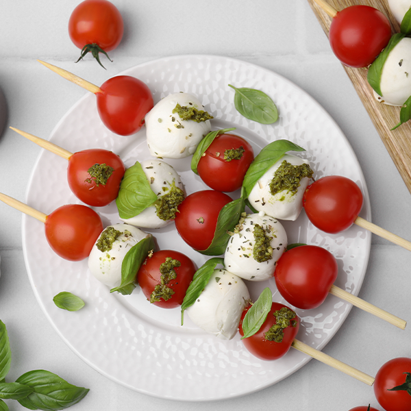 Mini Tomato Mozzarella Basil Skewers